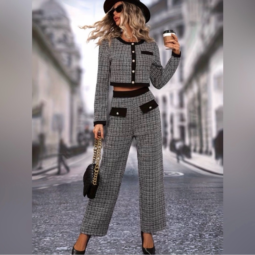 #1089 Tweed Crop Jacket & Wide-Leg Pants Set - Gray